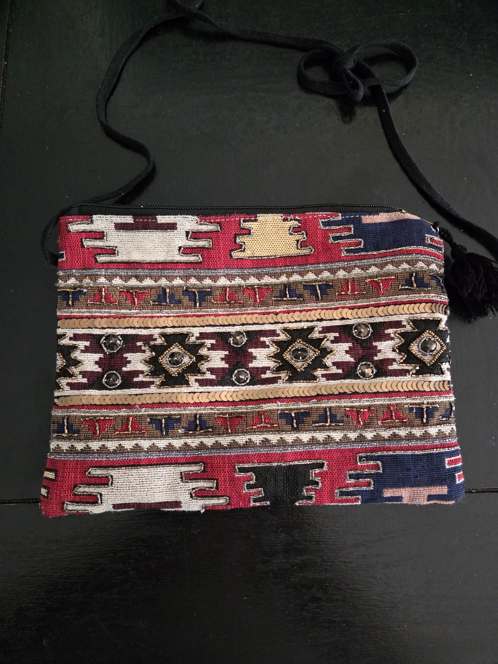 America & Beyond Boho Beaded Sequin Woven Crossbody Bag